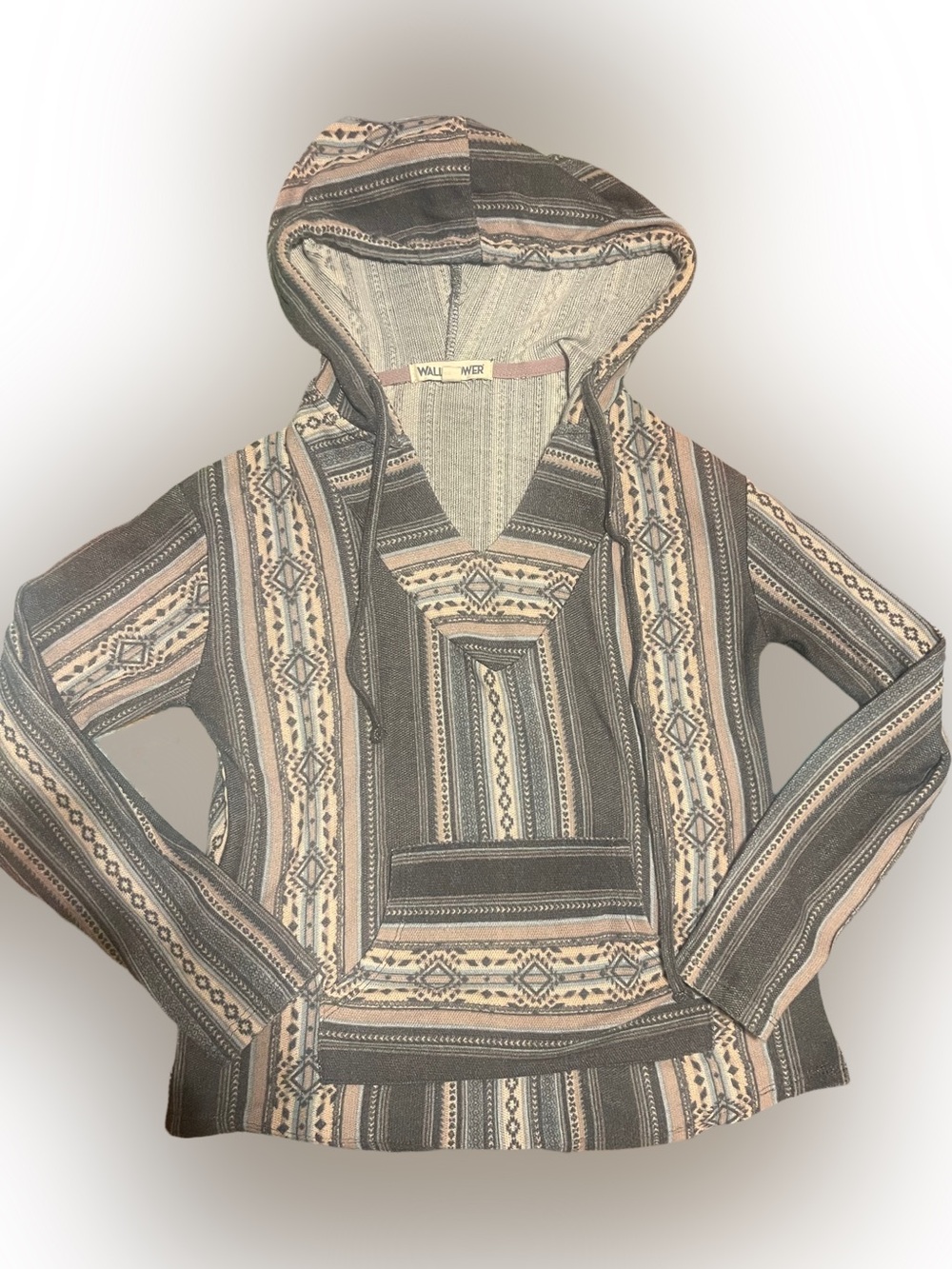 Vntg Wallflower Tribal Striped Hooded Lightweight sweater in Gray Blue and Pink